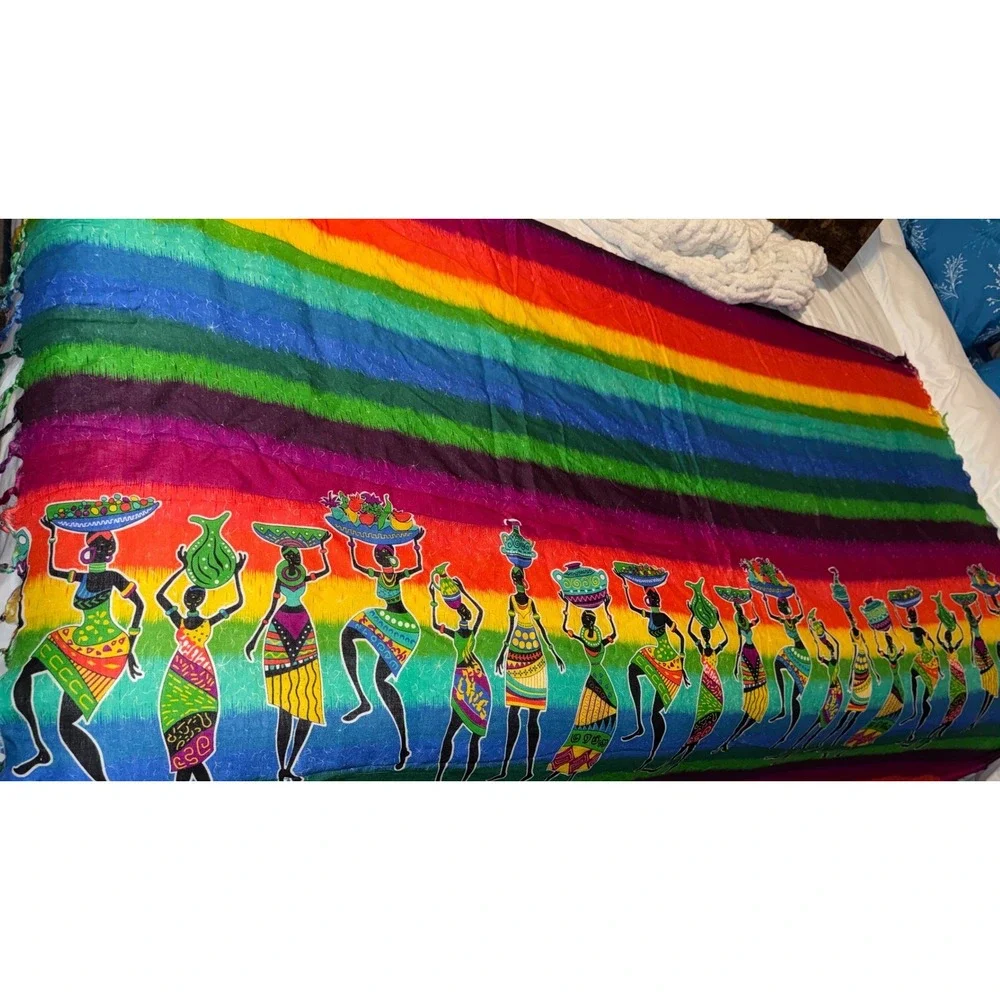 African Rainbow Striped Tapestry Wall Hanging Women Carrying Basket Fringe 44x68